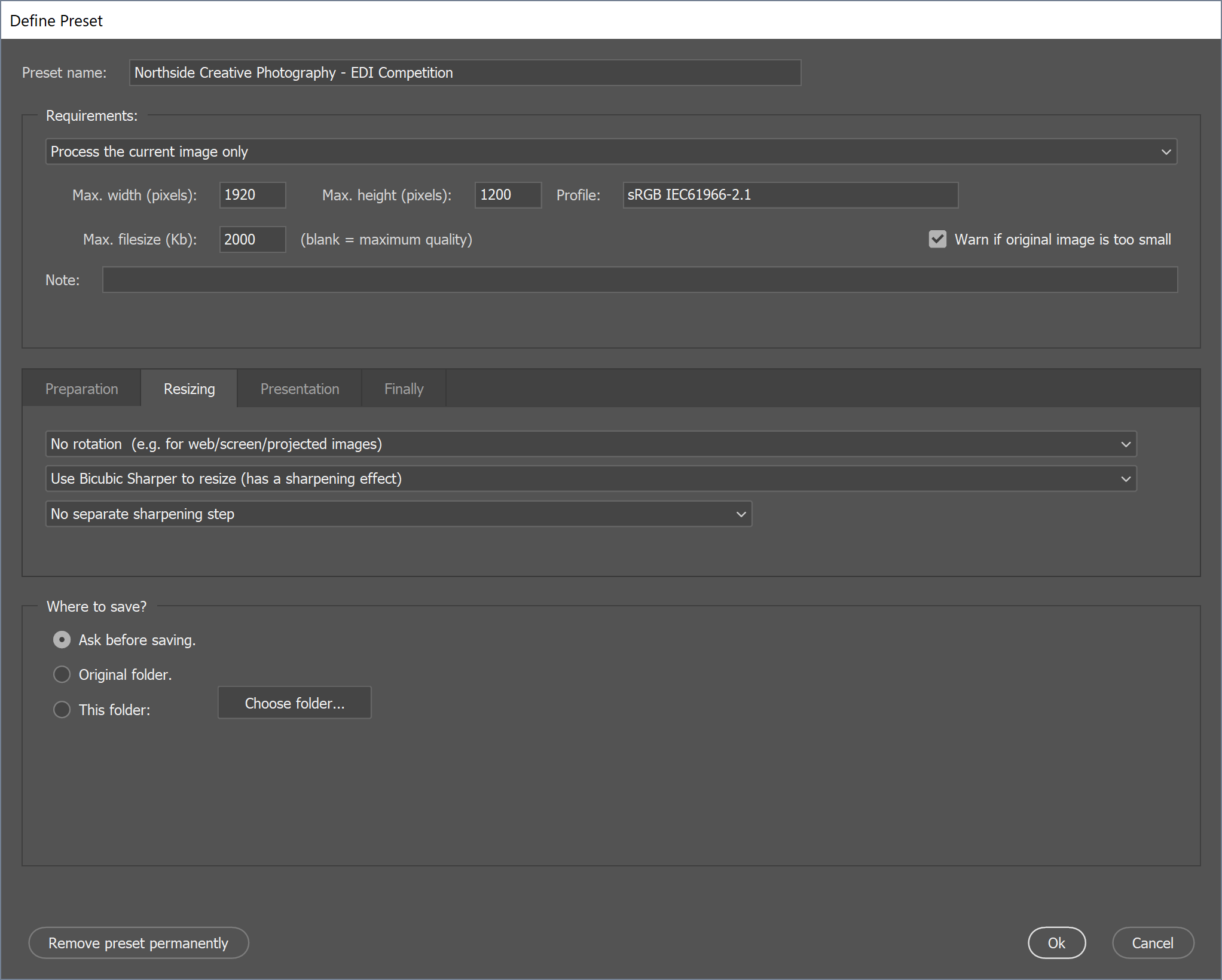 Screenshot of preset settings dialog window